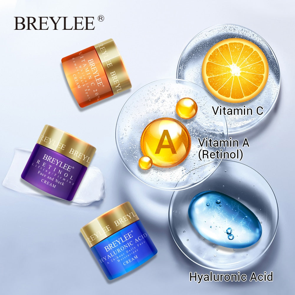 BREYLEE FACE CFEAM - TRIPLE SKIN CARE - 1) Hyaluronic Acid/Moisturizing Day Cream 2) Retinol Anti Wrinkle 3) Vitamin C Whitening Skin Care Acne Treatment 40g