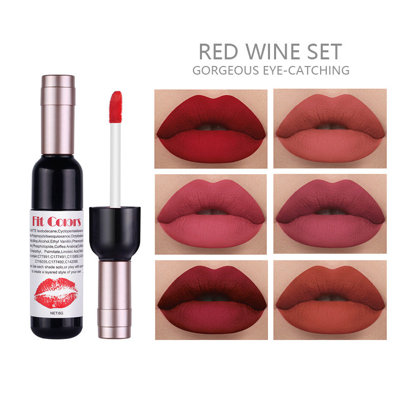 6 Pcs Set - Fit Colors Red Wine Bottle Non Stick Cup Matte Lip Gloss - Fog Face Velvet Lip Gloss Liquid Lipstick