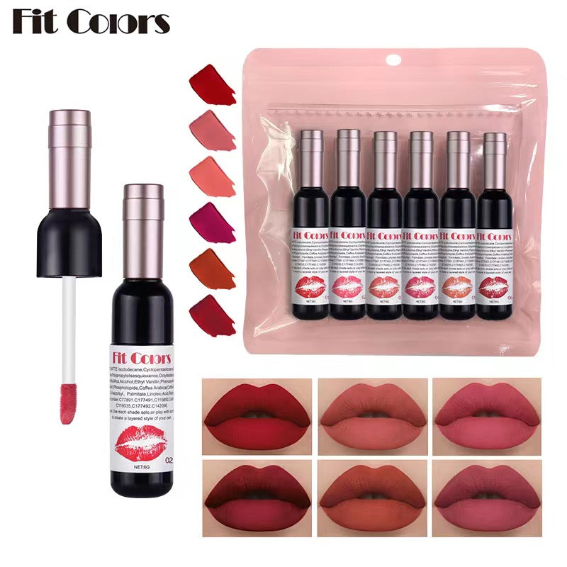 6 Pcs Set - Fit Colors Red Wine Bottle Non Stick Cup Matte Lip Gloss - Fog Face Velvet Lip Gloss Liquid Lipstick