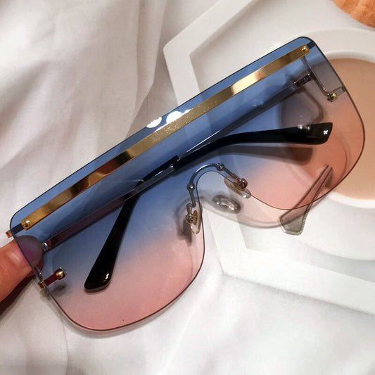 New Luxury Brand Rimless Alloy Sunglasses For Women Vintage One Piece Alloy Oversized Blue Pink Sun Glasses Men Flat Shades