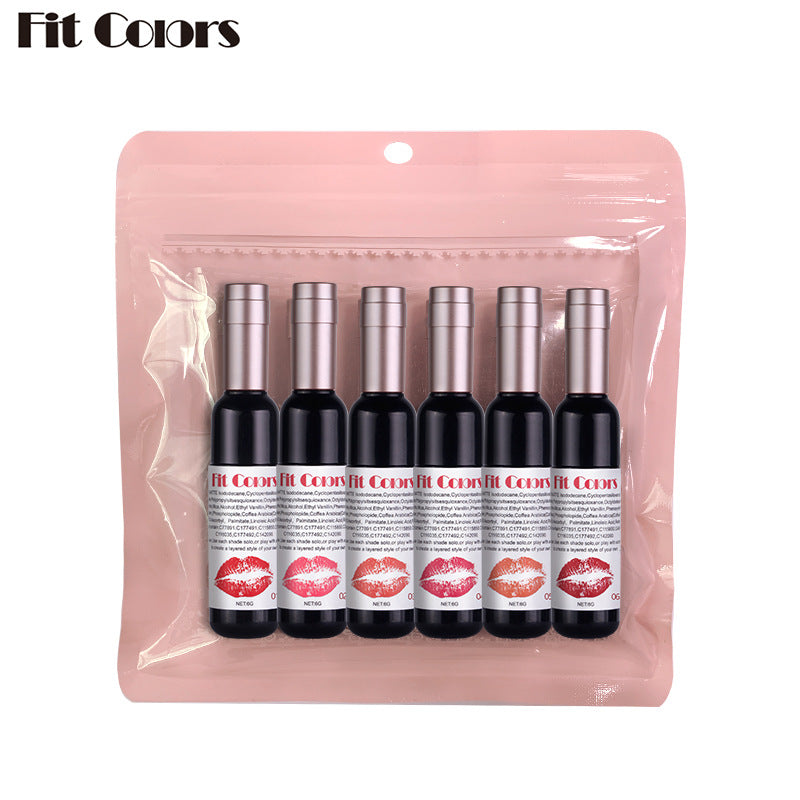 6 Pcs Set - Fit Colors Red Wine Bottle Non Stick Cup Matte Lip Gloss - Fog Face Velvet Lip Gloss Liquid Lipstick