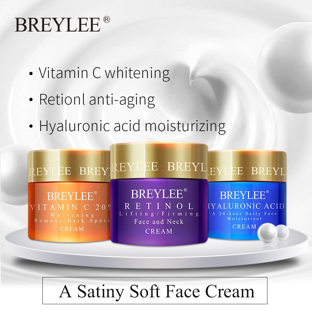 BREYLEE FACE CFEAM - TRIPLE SKIN CARE - 1) Hyaluronic Acid/Moisturizing Day Cream 2) Retinol Anti Wrinkle 3) Vitamin C Whitening Skin Care Acne Treatment 40g