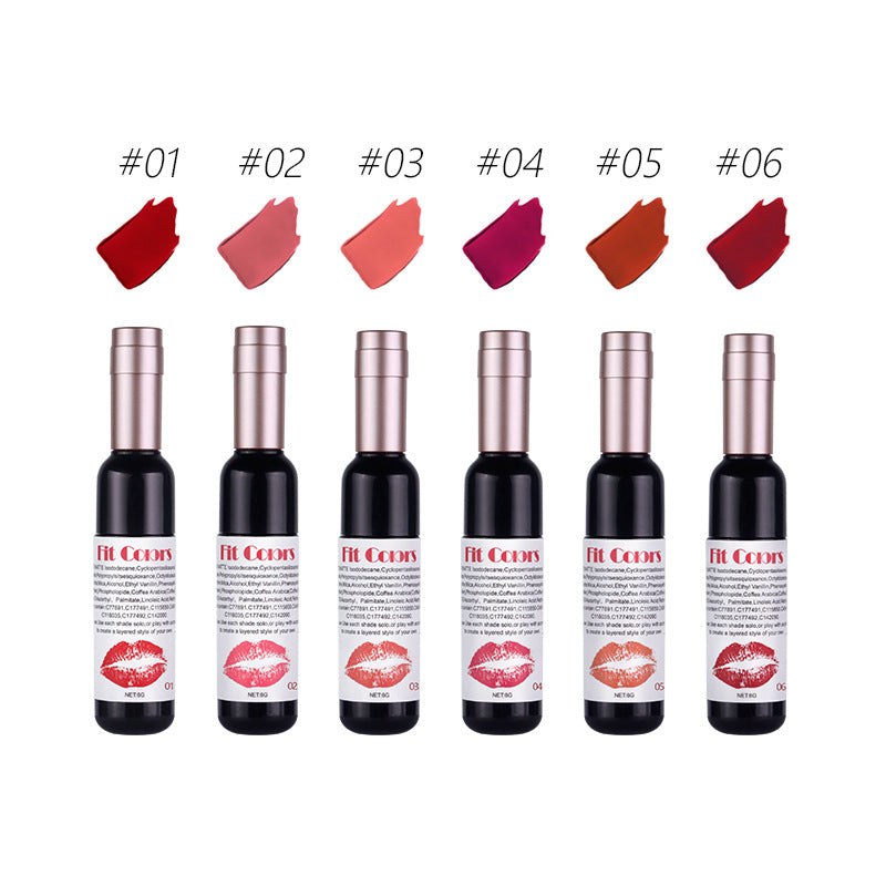 6 Pcs Set - Fit Colors Red Wine Bottle Non Stick Cup Matte Lip Gloss - Fog Face Velvet Lip Gloss Liquid Lipstick