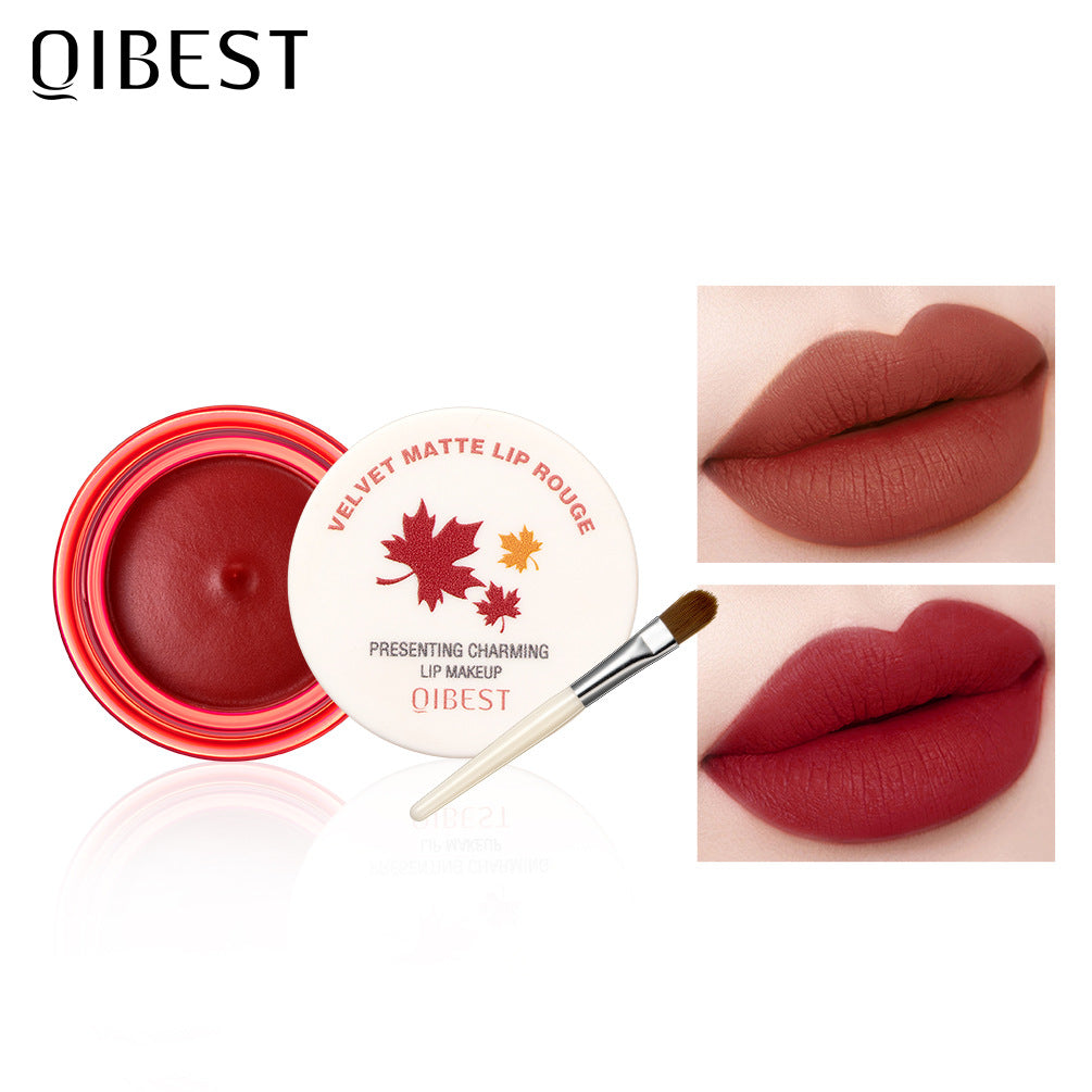 QIBEST Air Matte Lip Mud Matte Soft Waxy Canned Lip Mud Cloud Velvet Lip Glaze Is Not Easy To Fade With Lip Brush